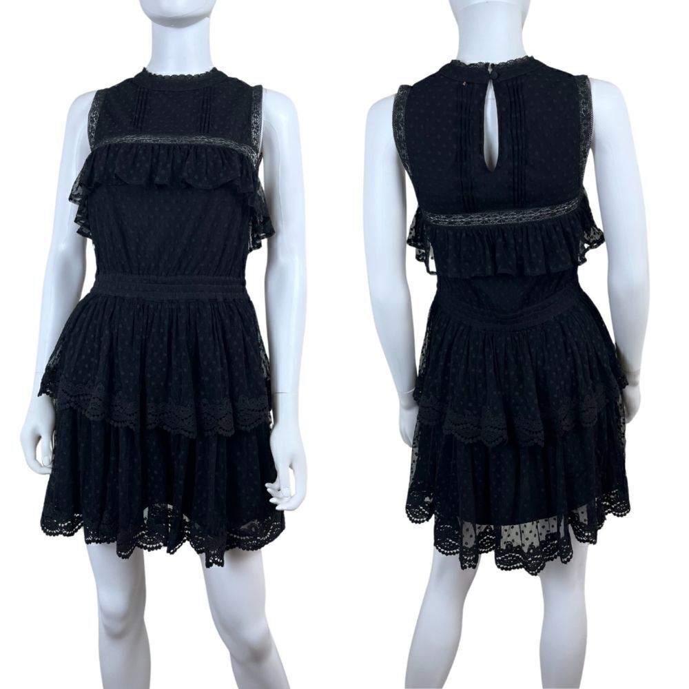 Misa Liat Point D'esprit Size XS Black Swiss Dot Lace Tiered NEW Mini Dress